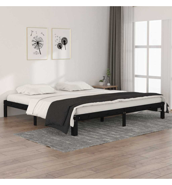 Cadre de lit sans matelas noir bois massif de pin 200x200 cm | Mobilier & Déco