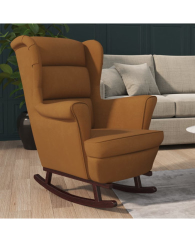 Fauteuil à bascule pieds en bois massif d'hévéa Marron Velours | Mobilier & Déco