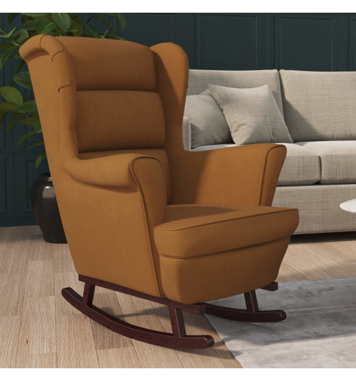 Fauteuil à bascule pieds en bois massif d'hévéa Marron Velours | Mobilier & Déco