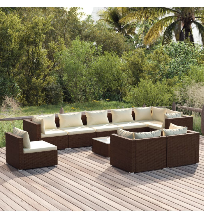 Salon de jardin 10 pcs avec coussins Résine tressée Marron | Mobilier & Déco