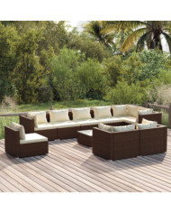 Salon de jardin 10 pcs avec coussins Résine tressée Marron | Mobilier & Déco