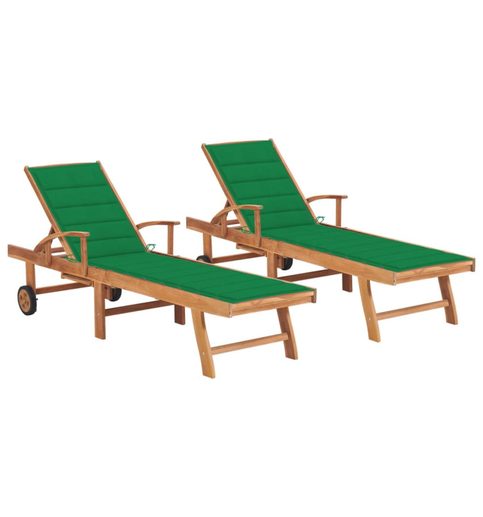 Chaises longues lot de 2 avec coussin vert Bois de teck solide | Mobilier & Déco