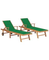 Chaises longues lot de 2 avec coussin vert Bois de teck solide | Mobilier & Déco