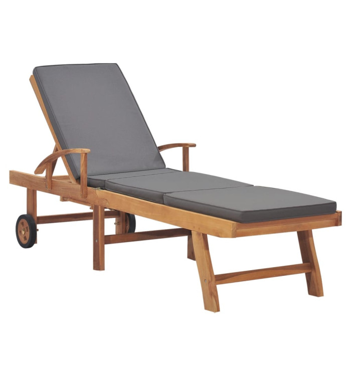 Chaise longue avec coussin Bois de teck solide Gris foncé | Mobilier & Déco
