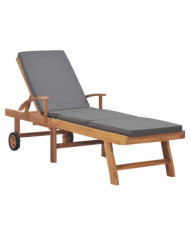 Chaise longue avec coussin Bois de teck solide Gris foncé | Mobilier & Déco
