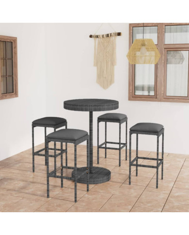 Ensemble de bar de jardin 5 pcs et coussins Résine tressée Gris | Mobilier & Déco