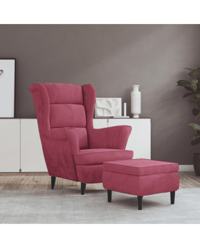 Fauteuil à oreilles avec tabouret bordeaux velours | Mobilier & Déco