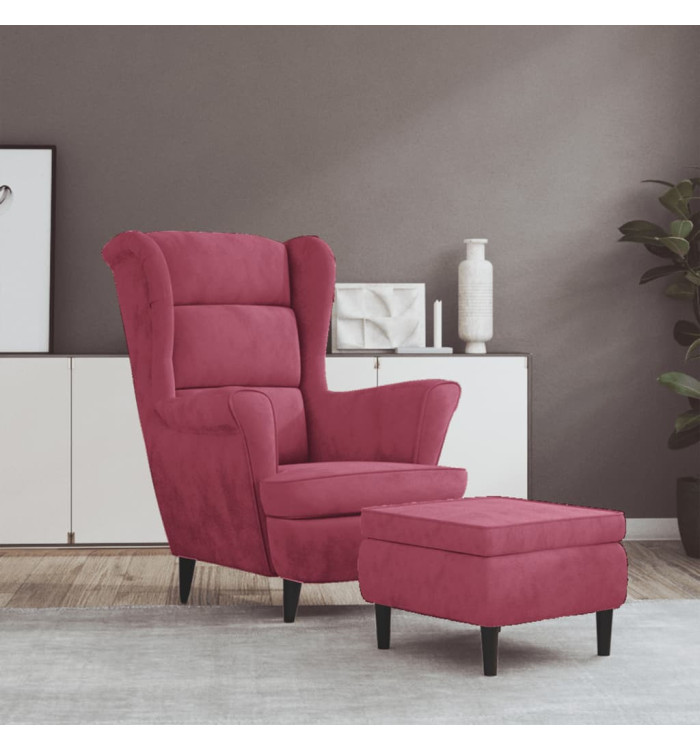 Fauteuil à oreilles avec tabouret bordeaux velours | Mobilier & Déco