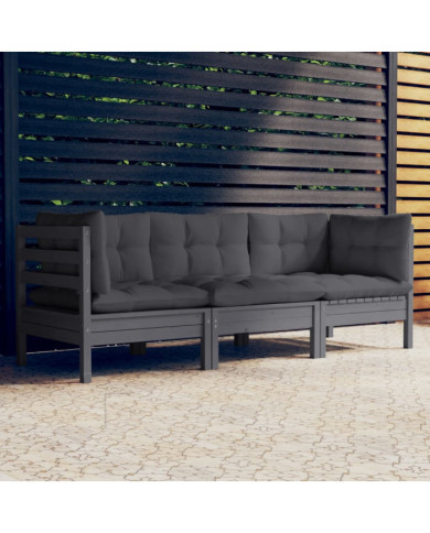 Canapé 3 places de jardin avec coussins anthracite Bois de pin | Mobilier & Déco