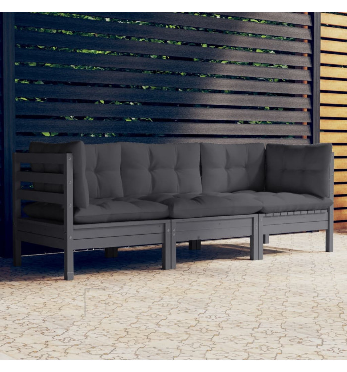 Canapé 3 places de jardin avec coussins anthracite Bois de pin | Mobilier & Déco