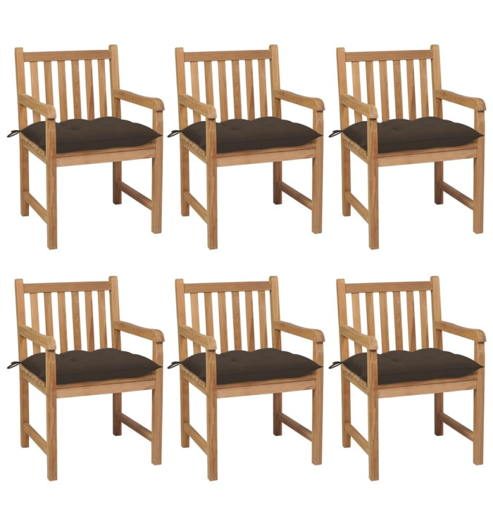 Chaises de jardin lot de 6 et coussins taupe bois teck solide | Mobilier & Déco