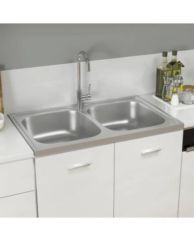 Évier de cuisine à double lavabo argenté 800x500x155 mm inox | Mobilier & Déco
