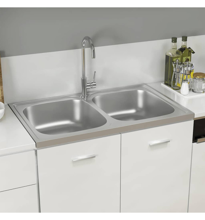 Évier de cuisine à double lavabo argenté 800x500x155 mm inox | Mobilier & Déco