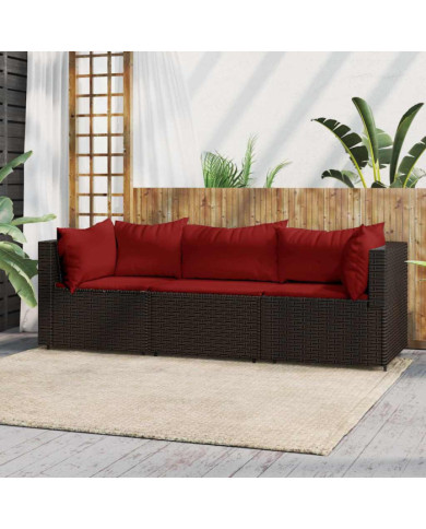 Salon de jardin 3 pcs avec coussins marron résine tressée | Mobilier & Déco