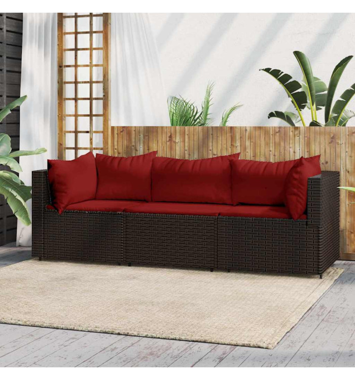 Salon de jardin 3 pcs avec coussins marron résine tressée | Mobilier & Déco