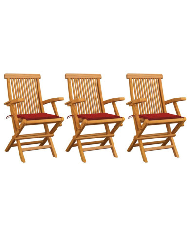Chaises de jardin avec coussins rouge lot de 3 Bois teck massif | Mobilier & Déco
