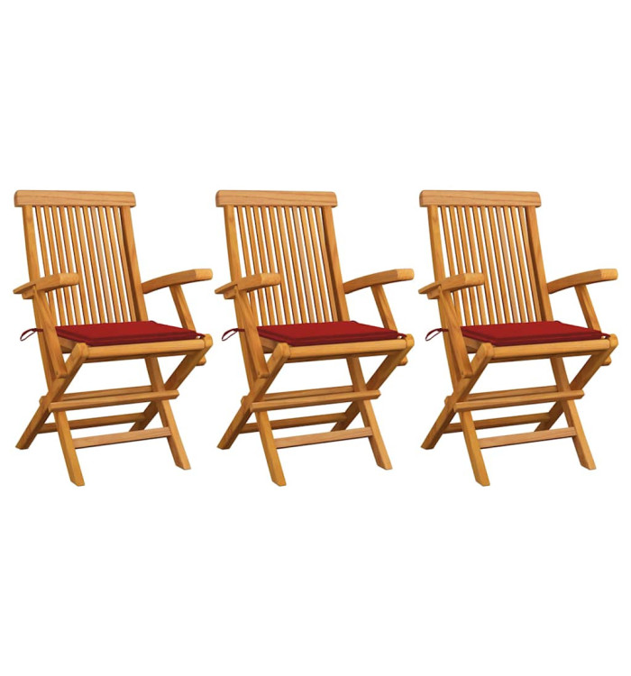 Chaises de jardin avec coussins rouge lot de 3 Bois teck massif | Mobilier & Déco