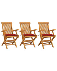 Chaises de jardin avec coussins rouge lot de 3 Bois teck massif | Mobilier & Déco