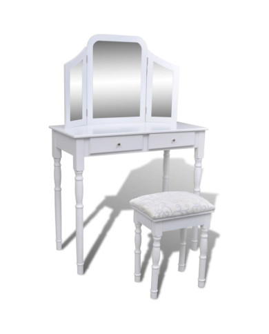 Coiffeuse avec miroir et tabouret 2 tiroirs Blanc | Mobilier & Déco