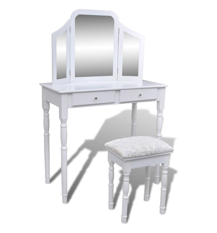 Coiffeuse avec miroir et tabouret 2 tiroirs Blanc | Mobilier & Déco