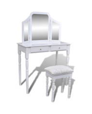 Coiffeuse avec miroir et tabouret 2 tiroirs Blanc | Mobilier & Déco