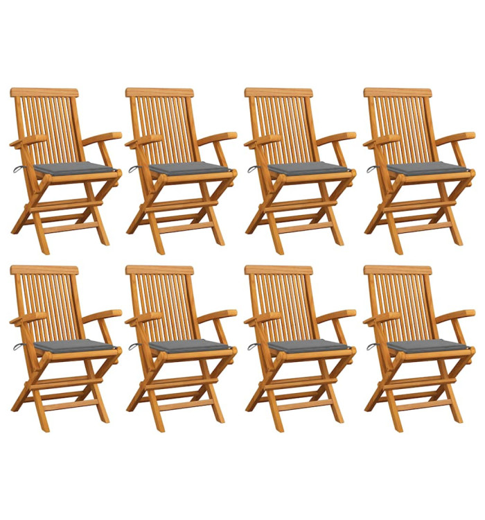 Chaises de jardin avec coussins gris lot de 8 Bois teck massif | Mobilier & Déco