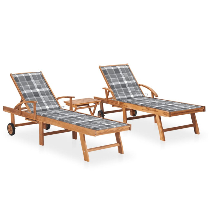 Chaises longues lot de 2 avec table et coussin Bois teck solide | Mobilier & Déco