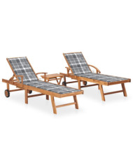 Chaises longues lot de 2 avec table et coussin Bois teck solide | Mobilier & Déco