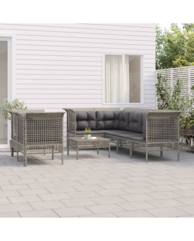 Salon de jardin 8 pcs avec coussins Gris Résine tressée | Mobilier & Déco