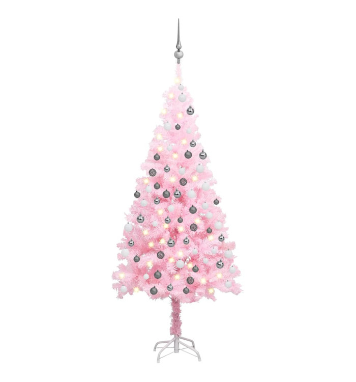 Arbre de Noël artificiel pré-éclairé et boules rose 180 cm PVC | Mobilier & Déco