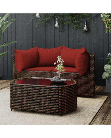 Salon de jardin 3 pcs avec coussins marron résine tressée | Mobilier & Déco