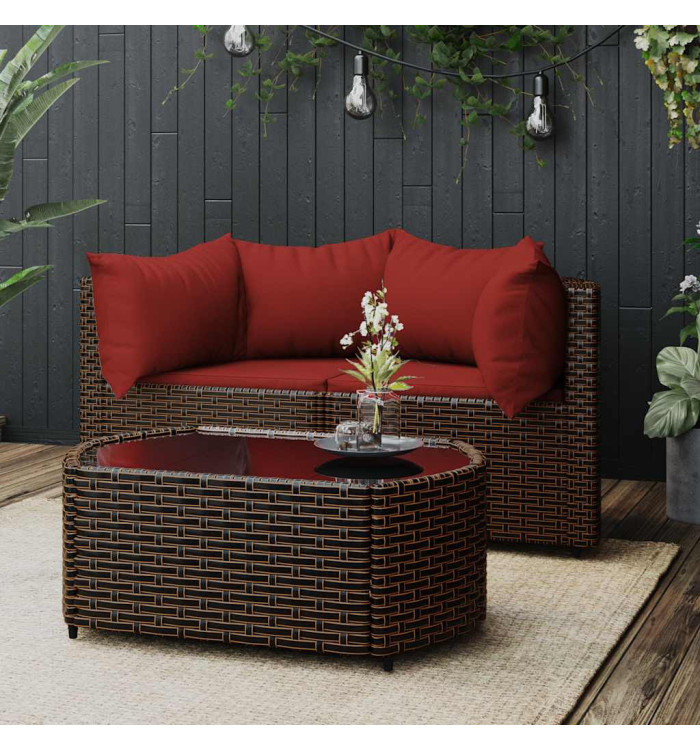Salon de jardin 3 pcs avec coussins marron résine tressée | Mobilier & Déco