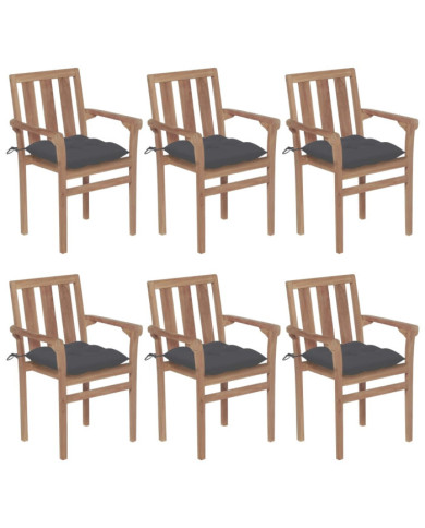 Chaises de jardin empilables avec coussins lot de 6 Teck solide | Mobilier & Déco