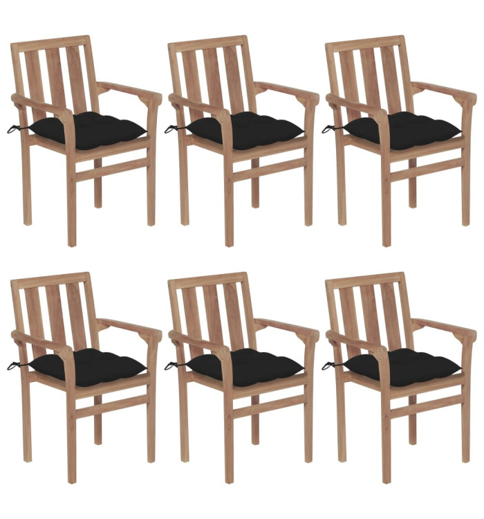 Chaises de jardin empilables avec coussins lot de 6 Teck solide | Mobilier & Déco