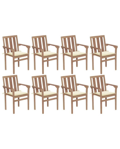 Chaises de jardin empilables avec coussins lot de 8 Teck solide | Mobilier & Déco