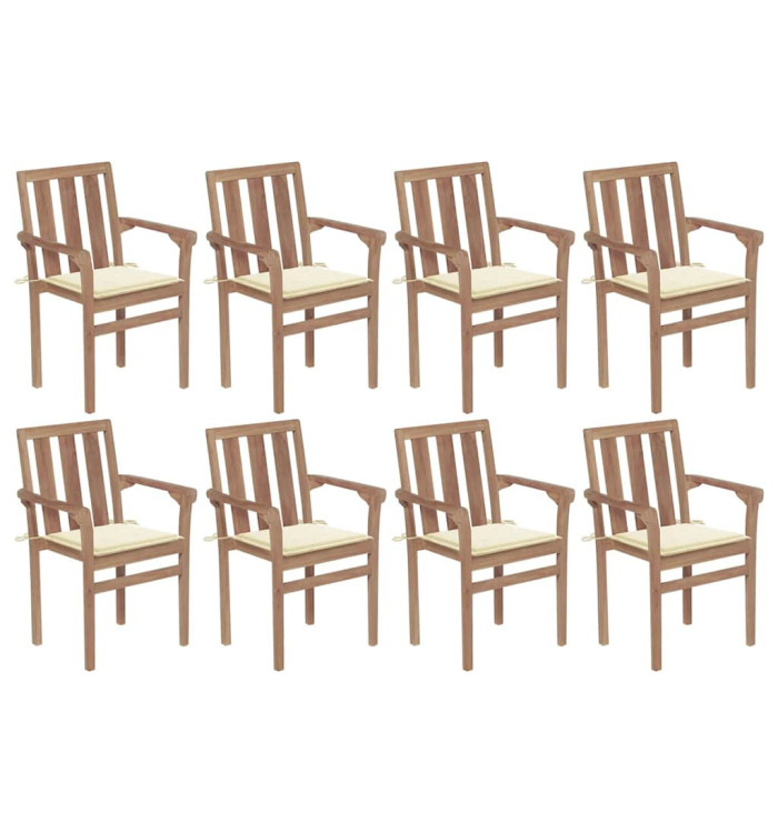 Chaises de jardin empilables avec coussins lot de 8 Teck solide | Mobilier & Déco