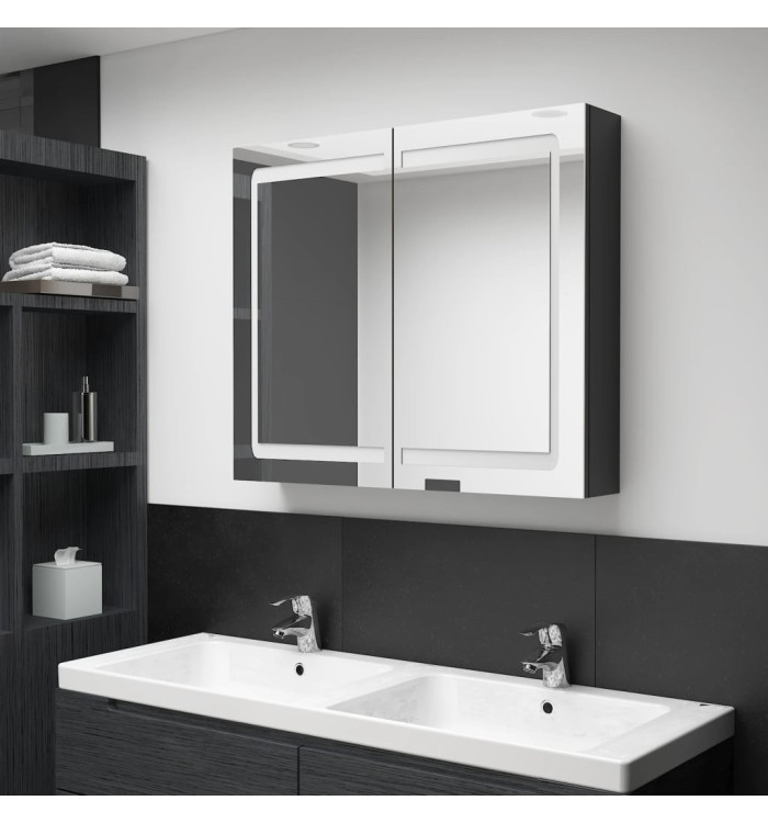 Armoire de salle de bain à miroir LED noir brillant 80x12x68 cm | Mobilier & Déco