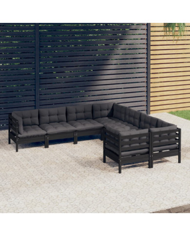 Salon de jardin 8 pcs avec coussins Noir Bois de pin massif | Mobilier & Déco