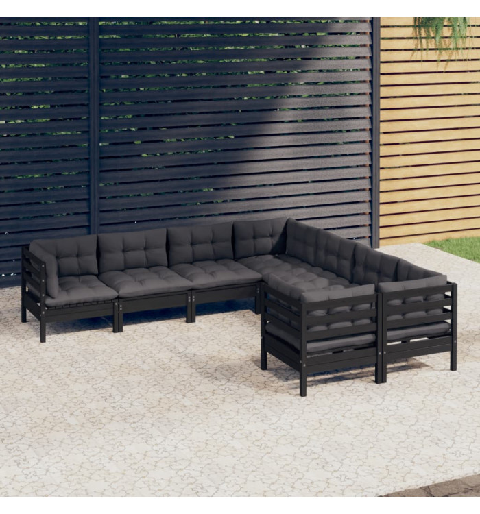 Salon de jardin 8 pcs avec coussins Noir Bois de pin massif | Mobilier & Déco