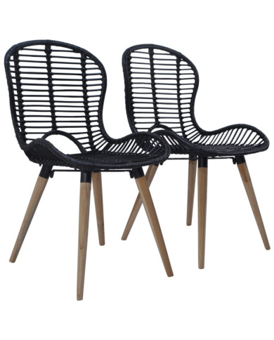 Chaises à manger lot de 2 noir rotin naturel | Mobilier & Déco