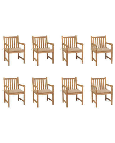 Chaises de jardin lot de 8 avec coussins beige Bois teck massif | Mobilier & Déco