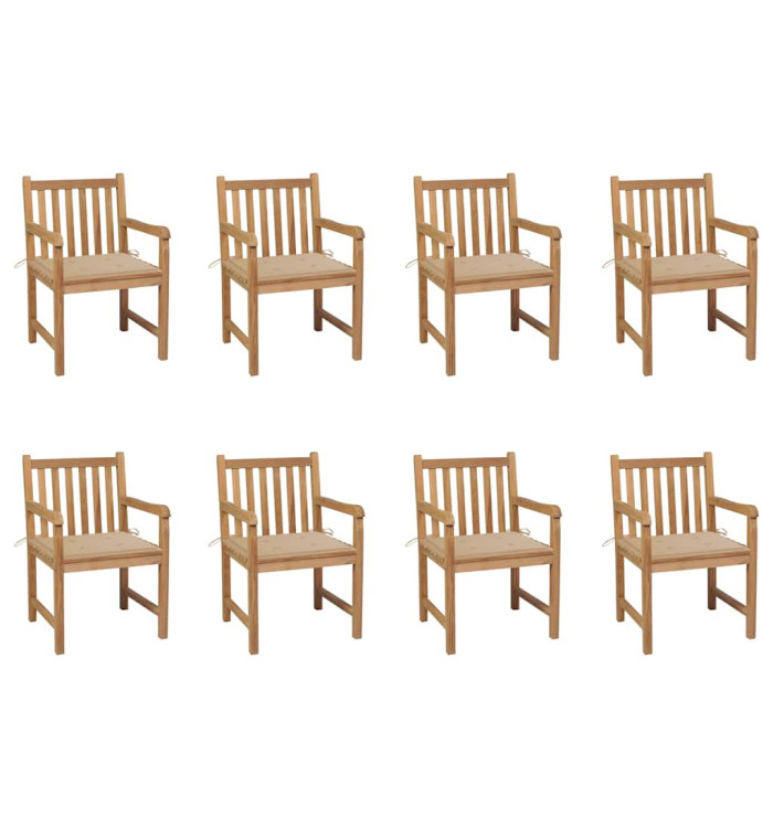 Chaises de jardin lot de 8 avec coussins beige Bois teck massif | Mobilier & Déco
