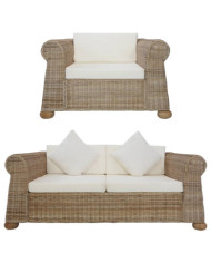 Ensemble de canapés avec coussins 2 pcs rotin naturel | Mobilier & Déco