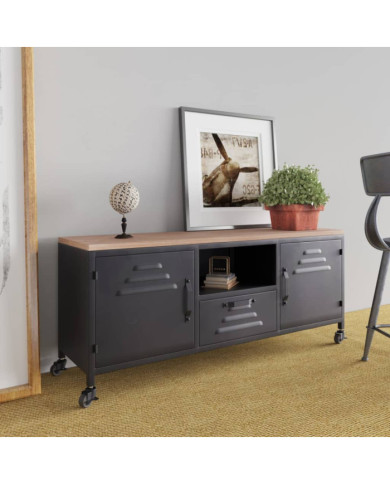 Meuble TV Noir 110x30x43 cm Fer et bois de pin massif | Mobilier & Déco