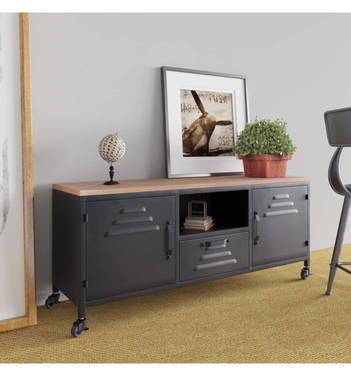 Meuble TV Noir 110x30x43 cm Fer et bois de pin massif | Mobilier & Déco