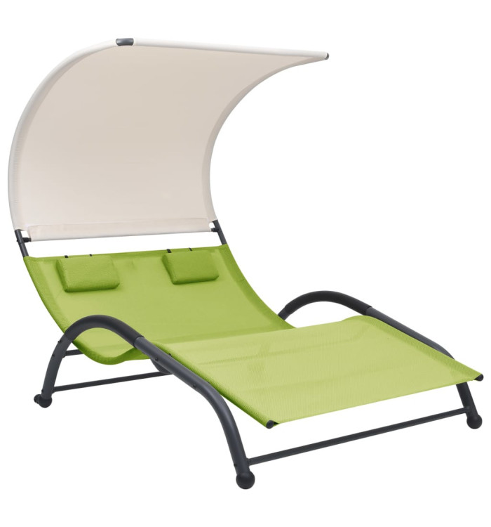 Chaise longue double avec auvent textilène vert | Mobilier & Déco