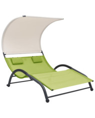 Chaise longue double avec auvent textilène vert | Mobilier & Déco