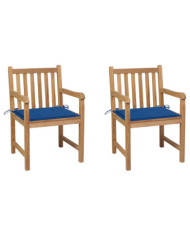 Chaises de jardin lot de 2 avec coussins bleu royal Teck massif | Mobilier & Déco