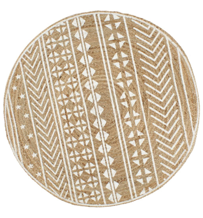 Tapis fait à la main Jute avec imprimé blanc 90 cm | Mobilier & Déco