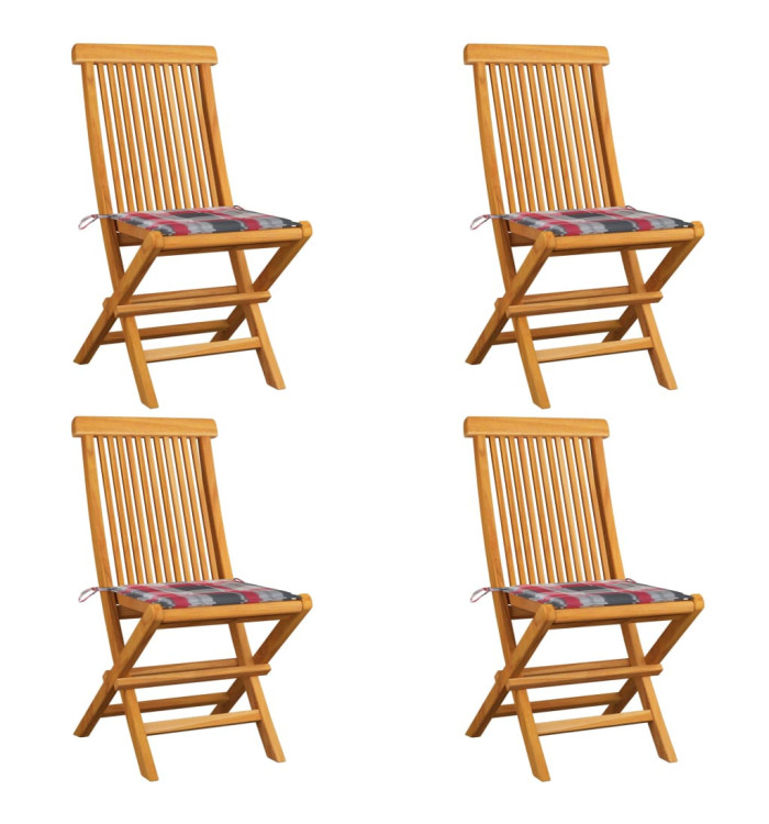Chaises de jardin et coussins à carreaux rouge lot de 4 Teck | Mobilier & Déco